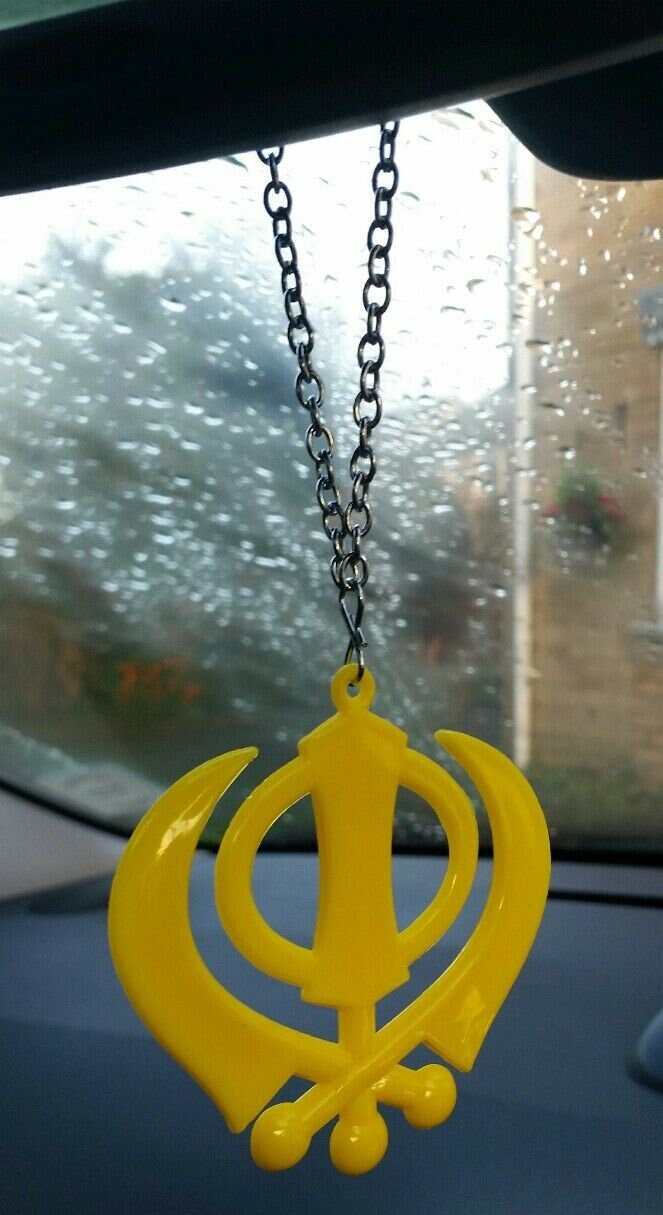 Large yellow acrylic khanda punjabi sikh pendant car rear mirror hanging chain