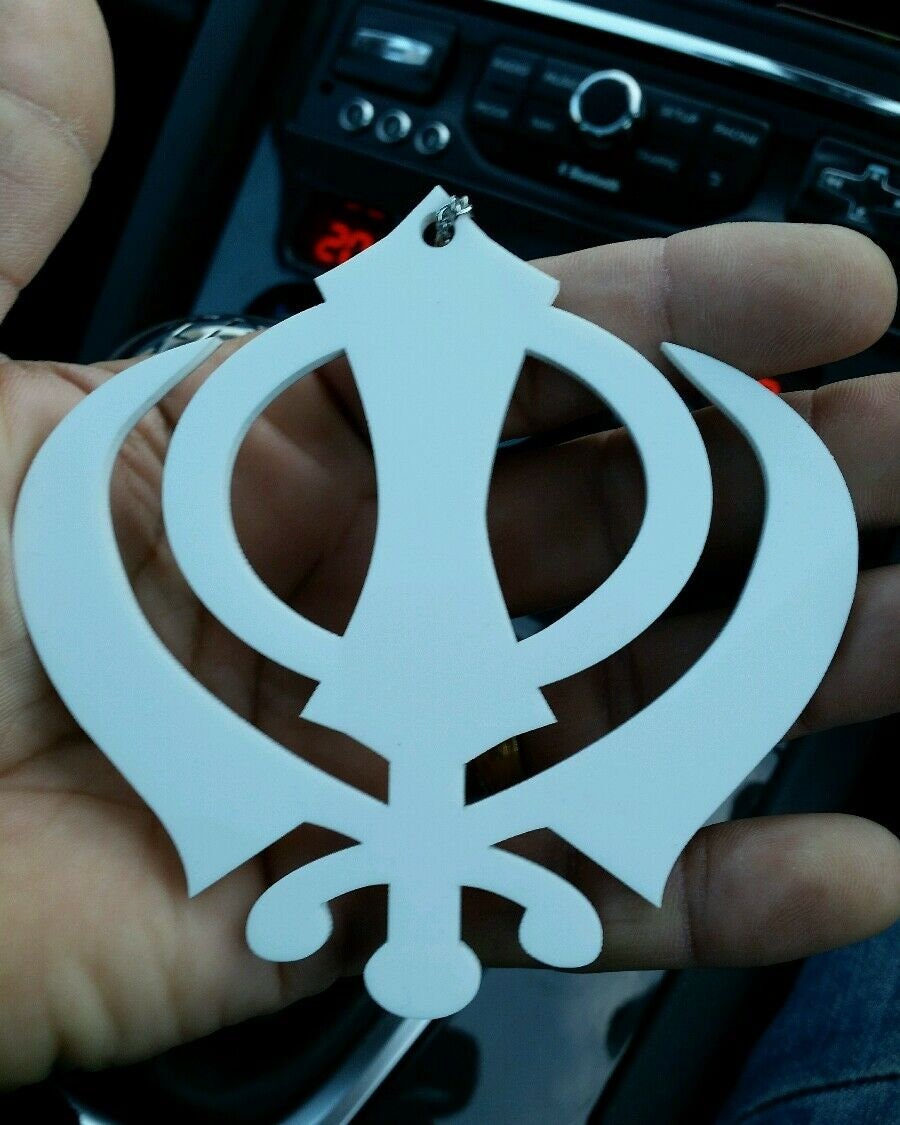 Large white acrylic khanda punjabi sikh pendant car rear mirror hanging in chain