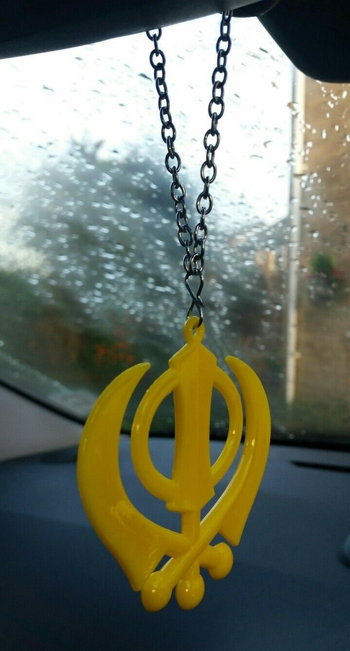 Large yellow acrylic khanda punjabi sikh pendant car rear mirror hanging chain