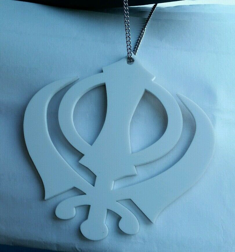 Large white acrylic khanda punjabi sikh pendant car rear mirror hanging in chain