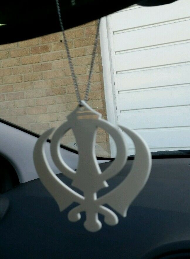 Large white acrylic khanda punjabi sikh pendant car rear mirror hanging in chain