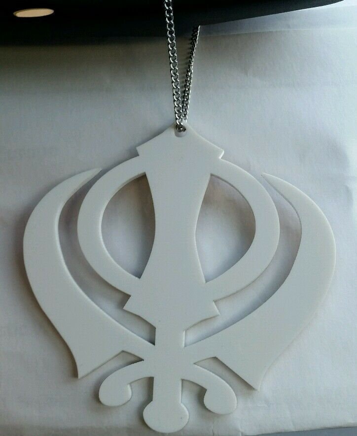 Large white acrylic khanda punjabi sikh pendant car rear mirror hanging in chain