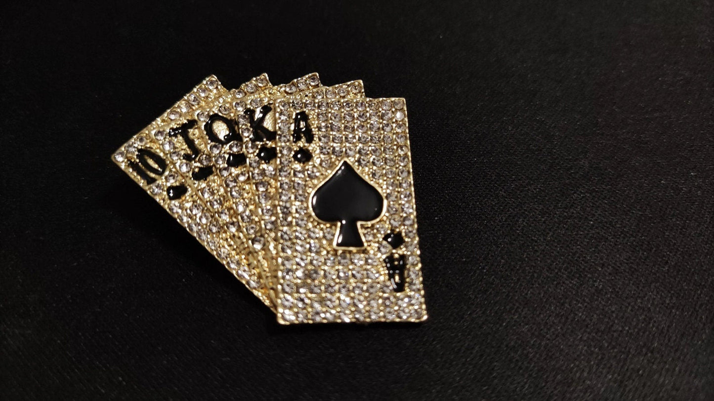 Poker cards brooch vintage look stunning diamonte gold plated christmas pin j8g