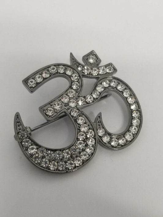 Stunning diamonte antique silver plated om hindu religious brooch broach pin