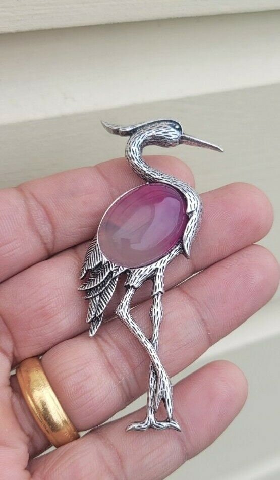 Crane brooch silver plated high end design celebrity broach vintage look pin a5