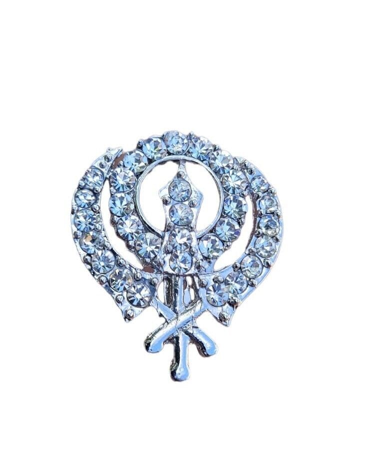 Khanda brooch silver plated stunning diamonte sikh pin singh kaur broach k61 new