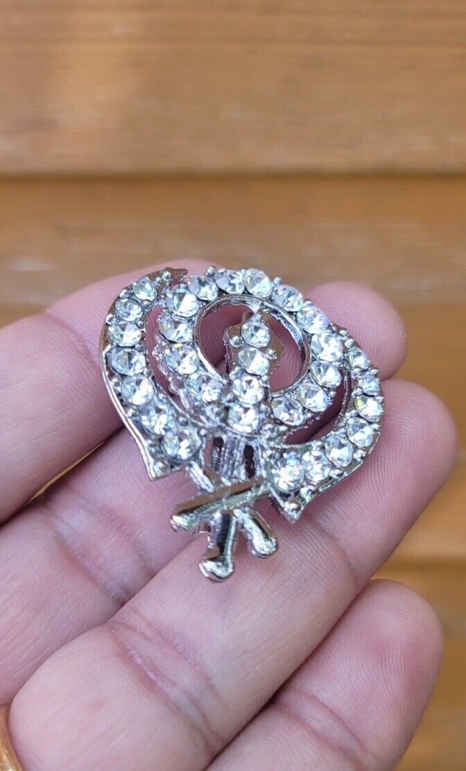 Khanda brooch silver plated stunning diamonte sikh pin singh kaur broach k61 new