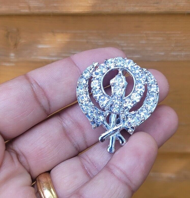 Khanda brooch silver plated stunning diamonte sikh pin singh kaur broach k61 new
