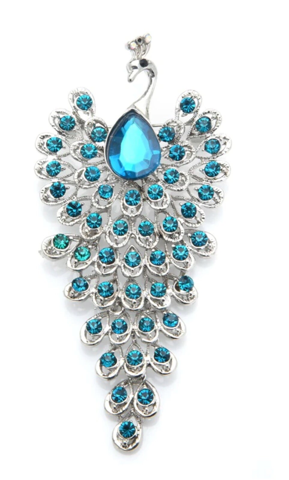 Peacock big brooch vintage look silver plated turquoise suit coat broach pin j30