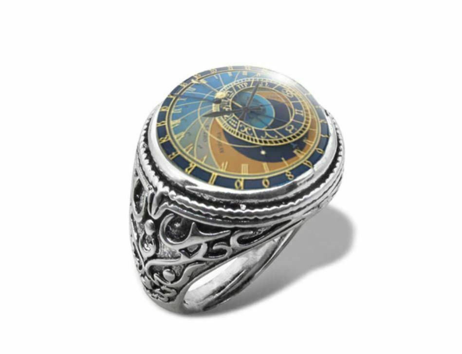 Silver Plated Prague Clock Ring Adjustable Vintage Evil Eye Protection B48 New