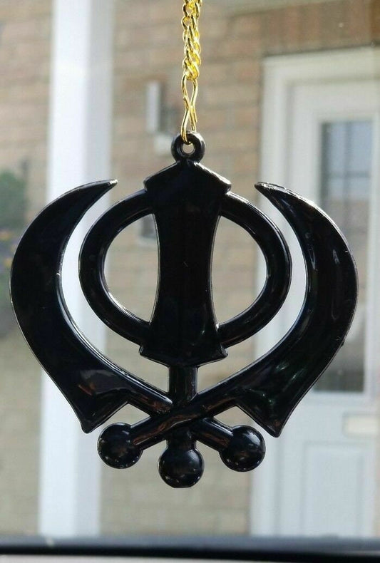 Large Black Acrylic Khanda Car Rear Mirror Hanging Pendant Gold Chain Sikh Gift UK
