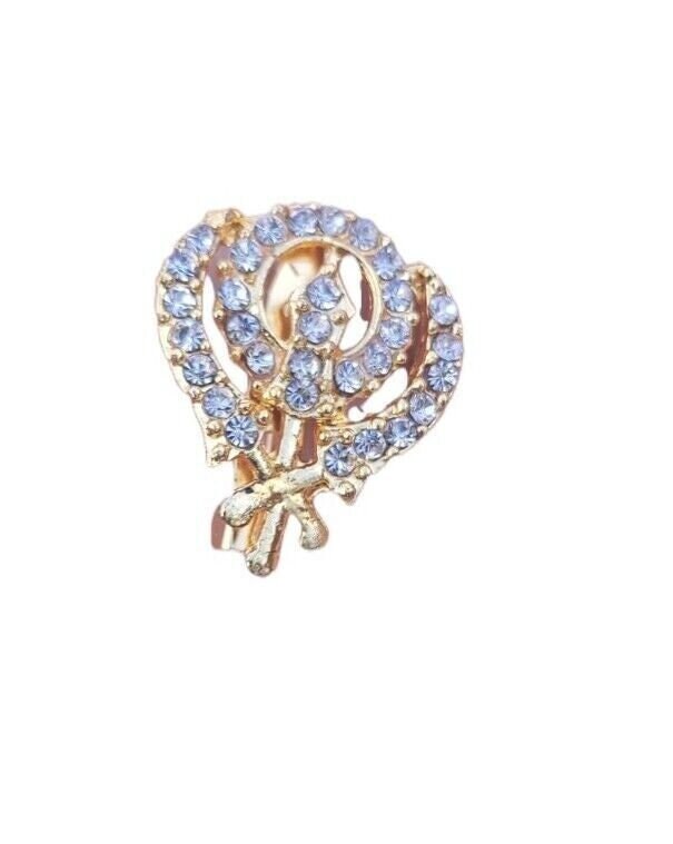Khanda brooch gold plated stunning diamonte sikh king pin singh kaur broach k58