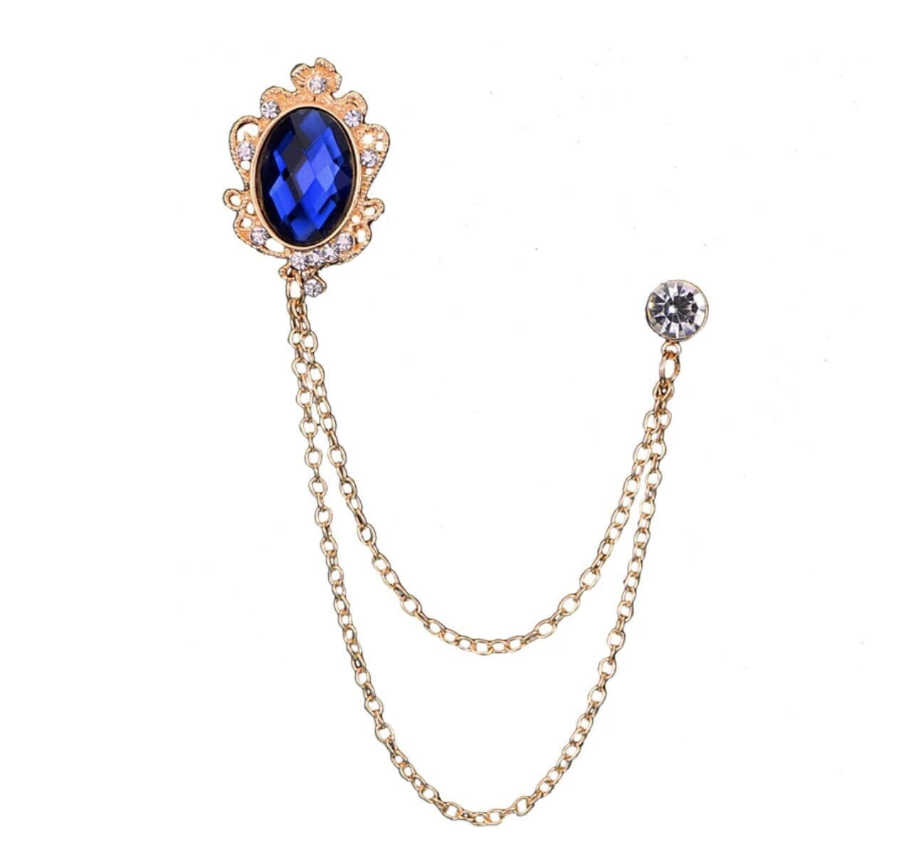 Celebrity brooch stunning gold plated vintage look blue or black stone pin ggg66