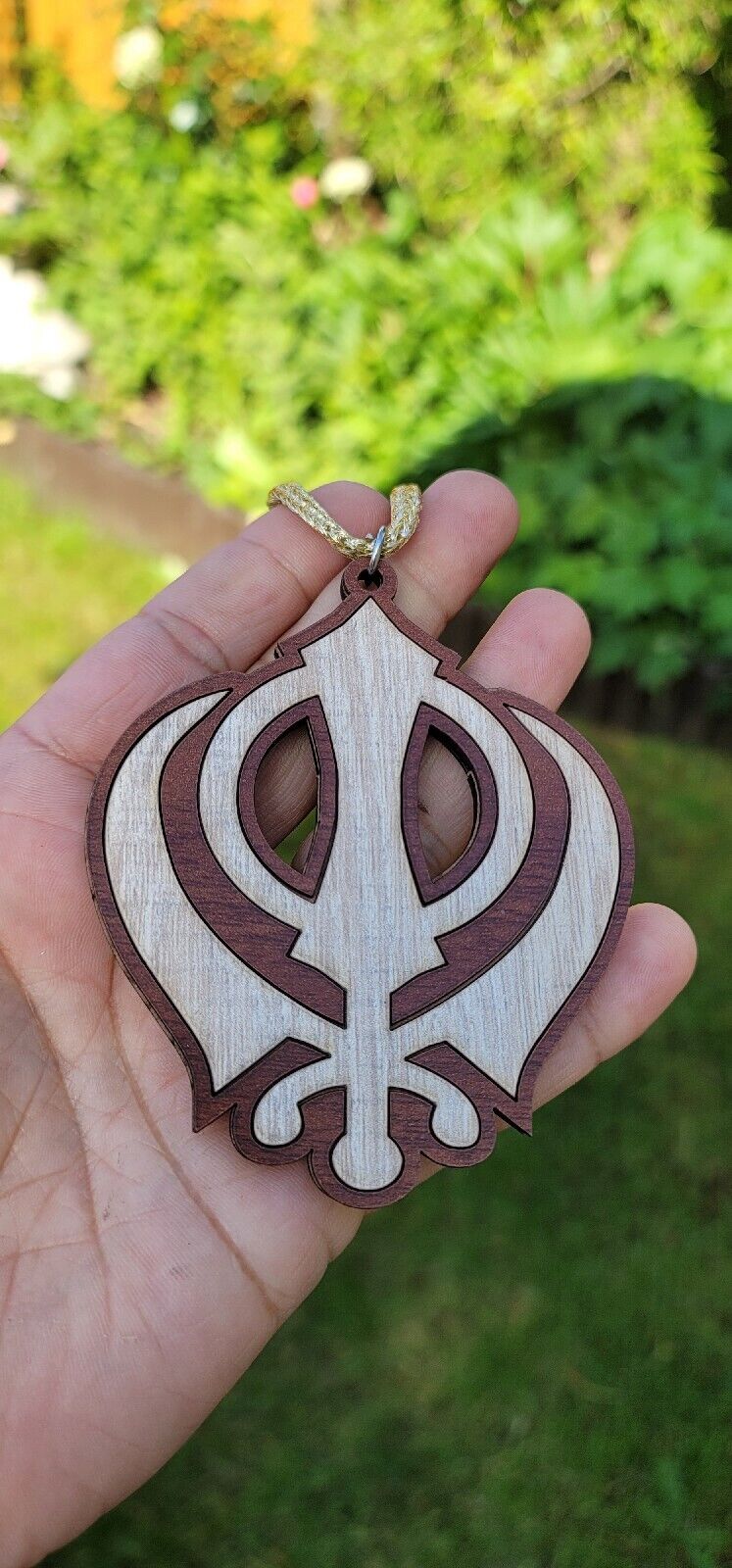Wooden khanda car hanger punjabi sikh kaur stunning evil protection pendant cc11