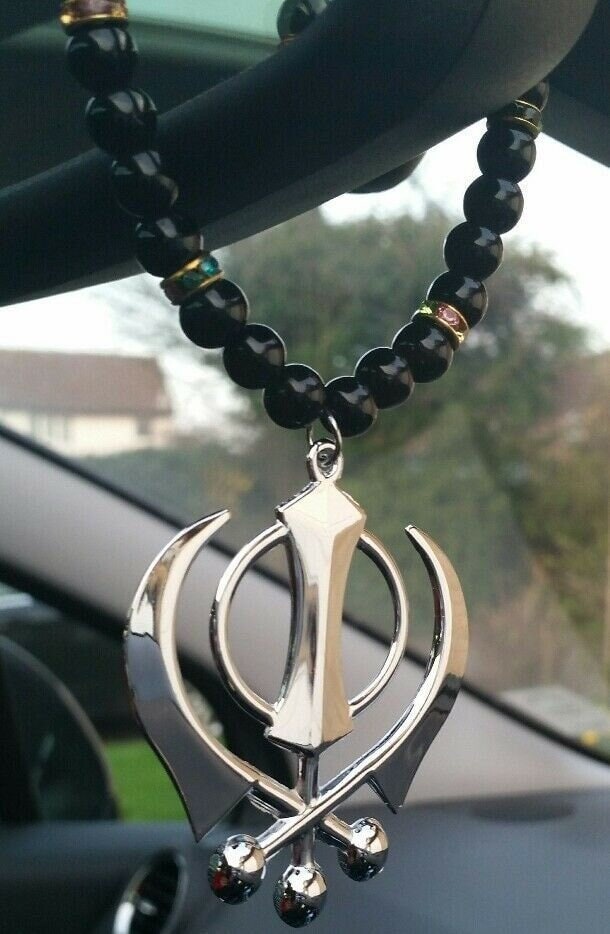 Sikh Khanda Silver Plated Punjabi Hanging Pendant Car Rear Mirror beads Mala SS1