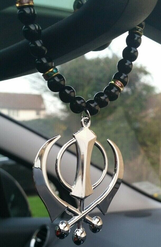 Sikh Khanda Silver Plated Punjabi Hanging Pendant Car Rear Mirror beads Mala SS1