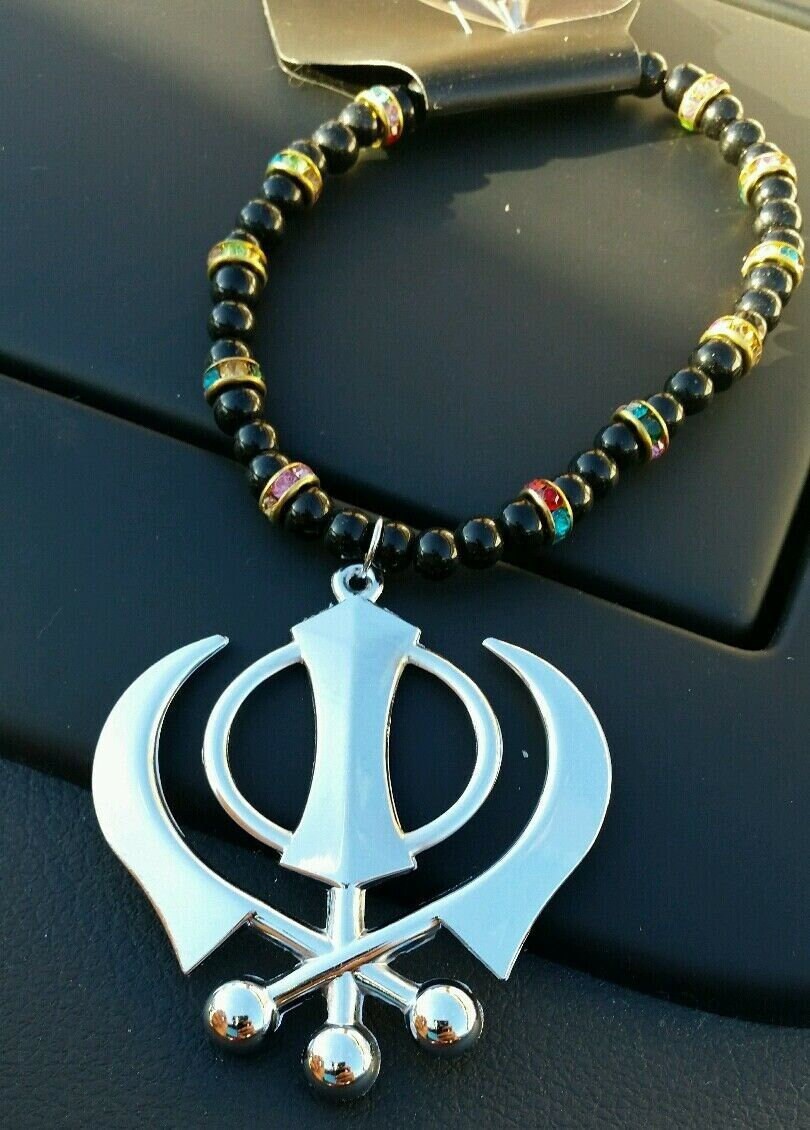 Sikh Khanda Silver Plated Punjabi Hanging Pendant Car Rear Mirror beads Mala SS1