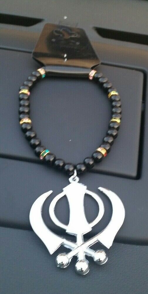 Sikh Khanda Silver Plated Punjabi Hanging Pendant Car Rear Mirror beads Mala SS1