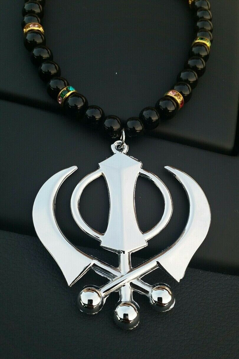 Sikh Khanda Silver Plated Punjabi Hanging Pendant Car Rear Mirror beads Mala SS1