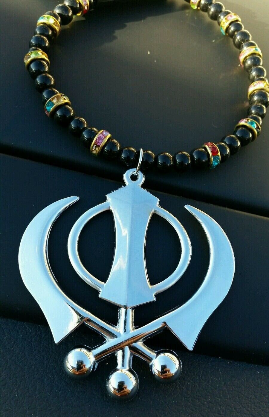 Sikh Khanda Silver Plated Punjabi Hanging Pendant Car Rear Mirror beads Mala SS1
