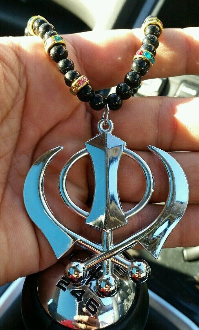 Sikh Khanda Silver Plated Punjabi Hanging Pendant Car Rear Mirror beads Mala SS1