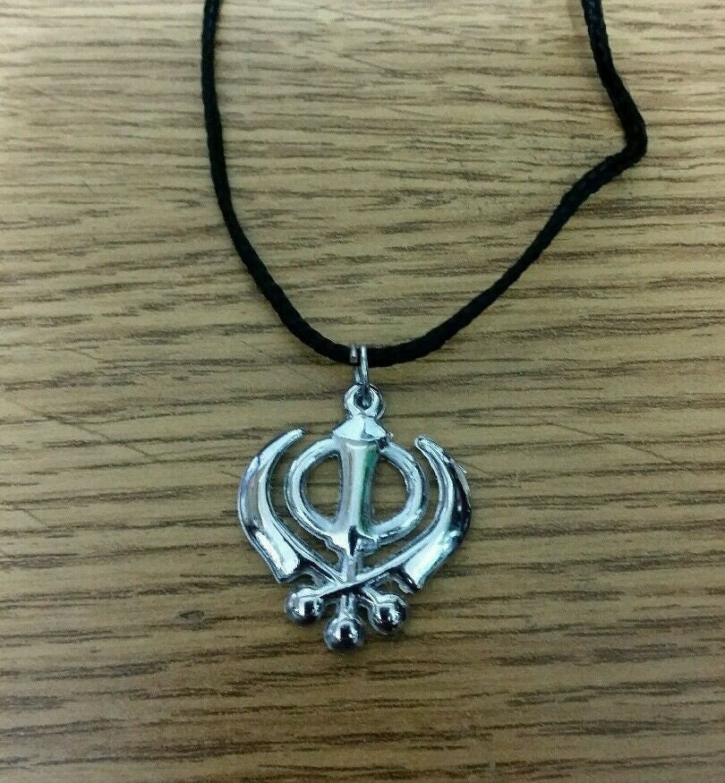 Small Steel Khanda Pendant Necklace Punjabi Sikh Singh in black dori Thread LL9