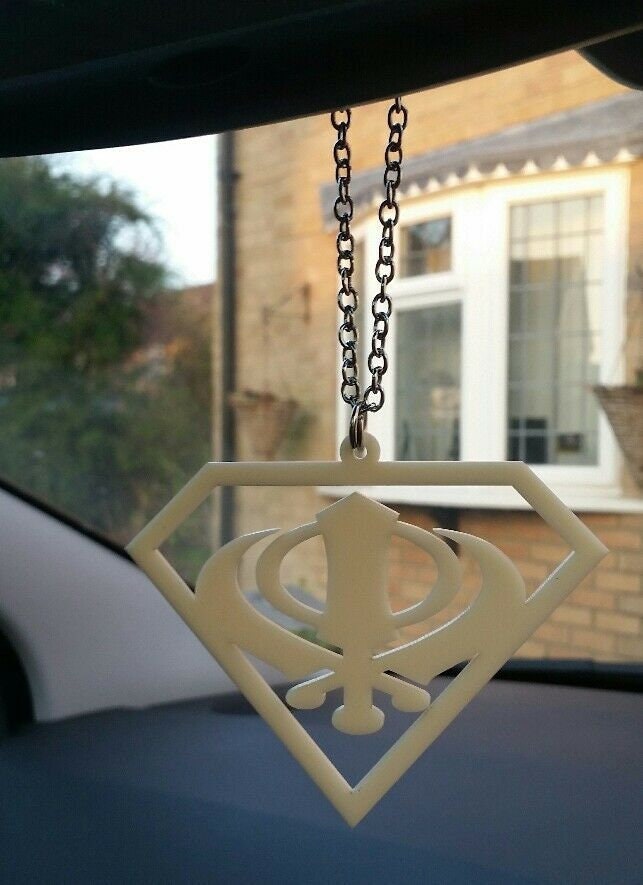 Cream acrylic khanda punjabi sikh singh kaur pendant car mirror hanging chain ss