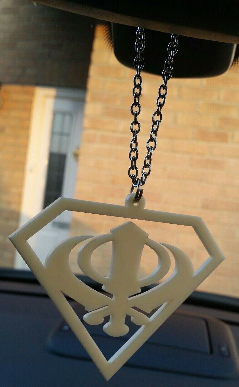Cream acrylic khanda punjabi sikh singh kaur pendant car mirror hanging chain ss