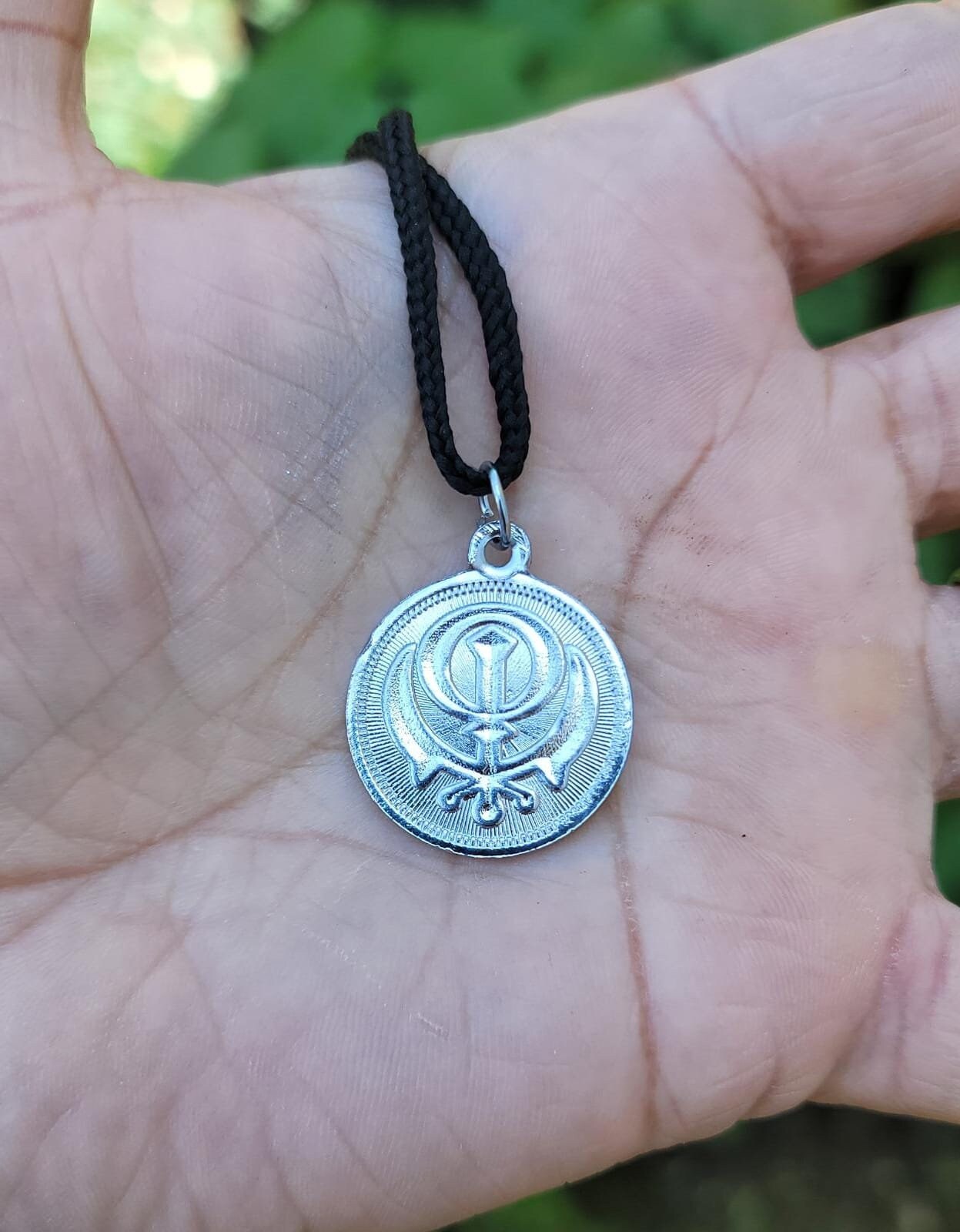 Sikh Ek Onkar Khanda Coin Reversible Pendant Silver Plated black dori Singh L5