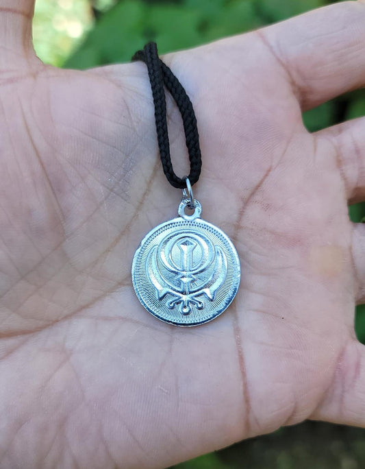 Sikh Ek Onkar Khanda Coin Reversible Pendant Silver Plated black dori Singh L5