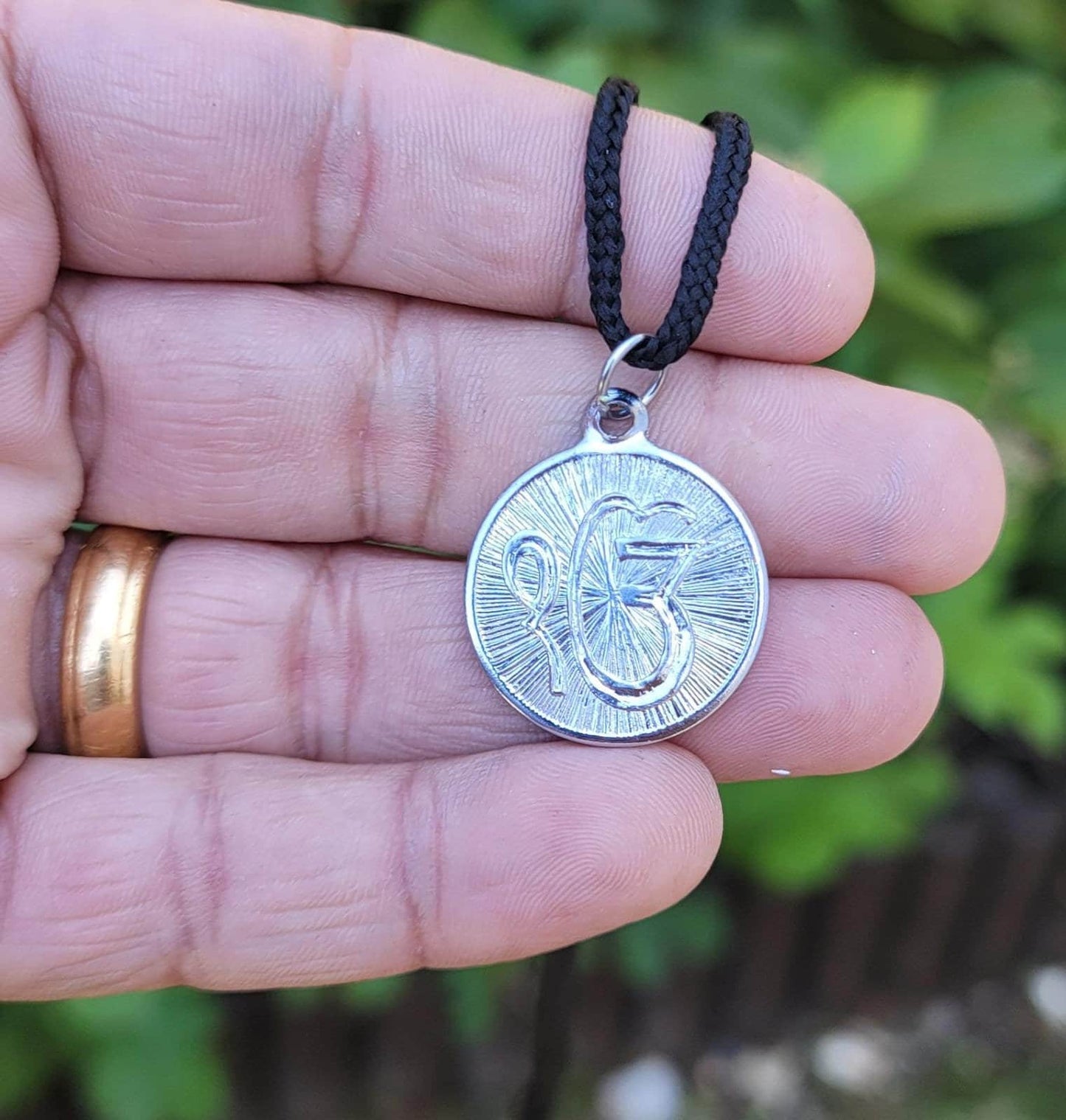 Sikh Ek Onkar Khanda Coin Reversible Pendant Silver Plated black dori Singh L5