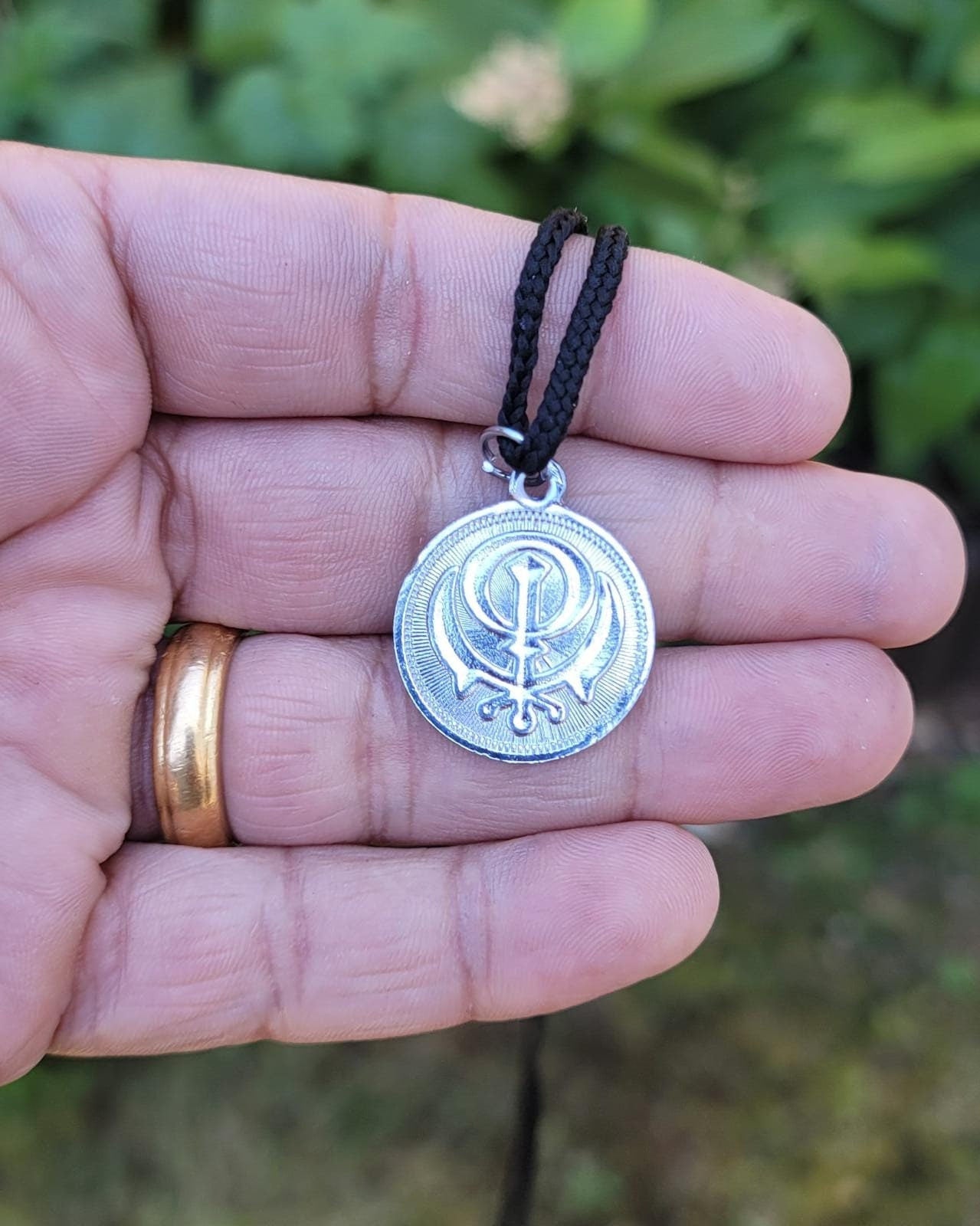 Sikh Ek Onkar Khanda Coin Reversible Pendant Silver Plated black dori Singh L5