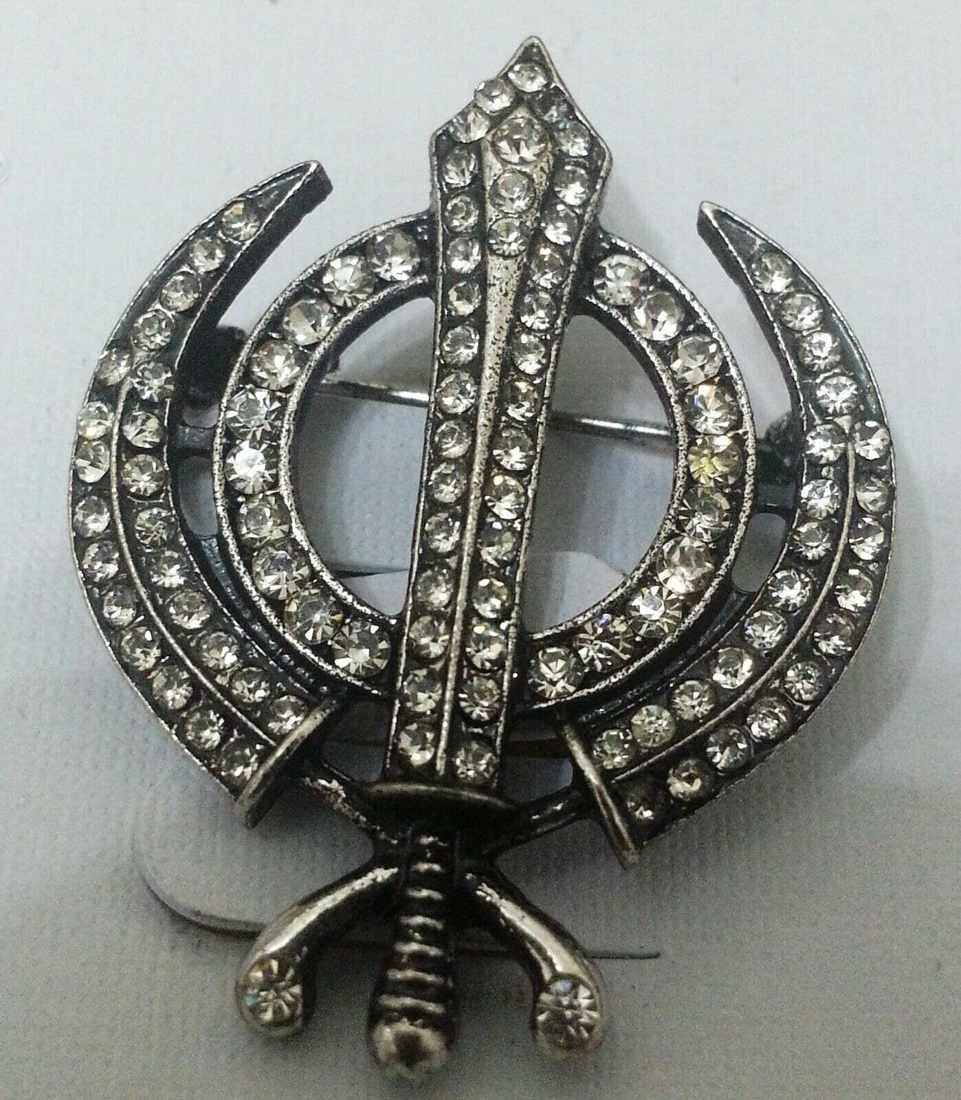 Silver Plated Khanda Brooch Rhinestones Vintage Look Sikh Pin Singh Gift Broach
