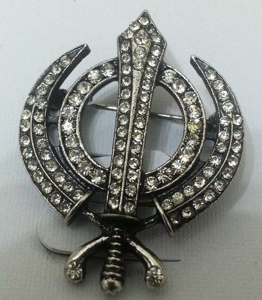 Silver Plated Khanda Brooch Rhinestones Vintage Look Sikh Pin Singh Gift Broach