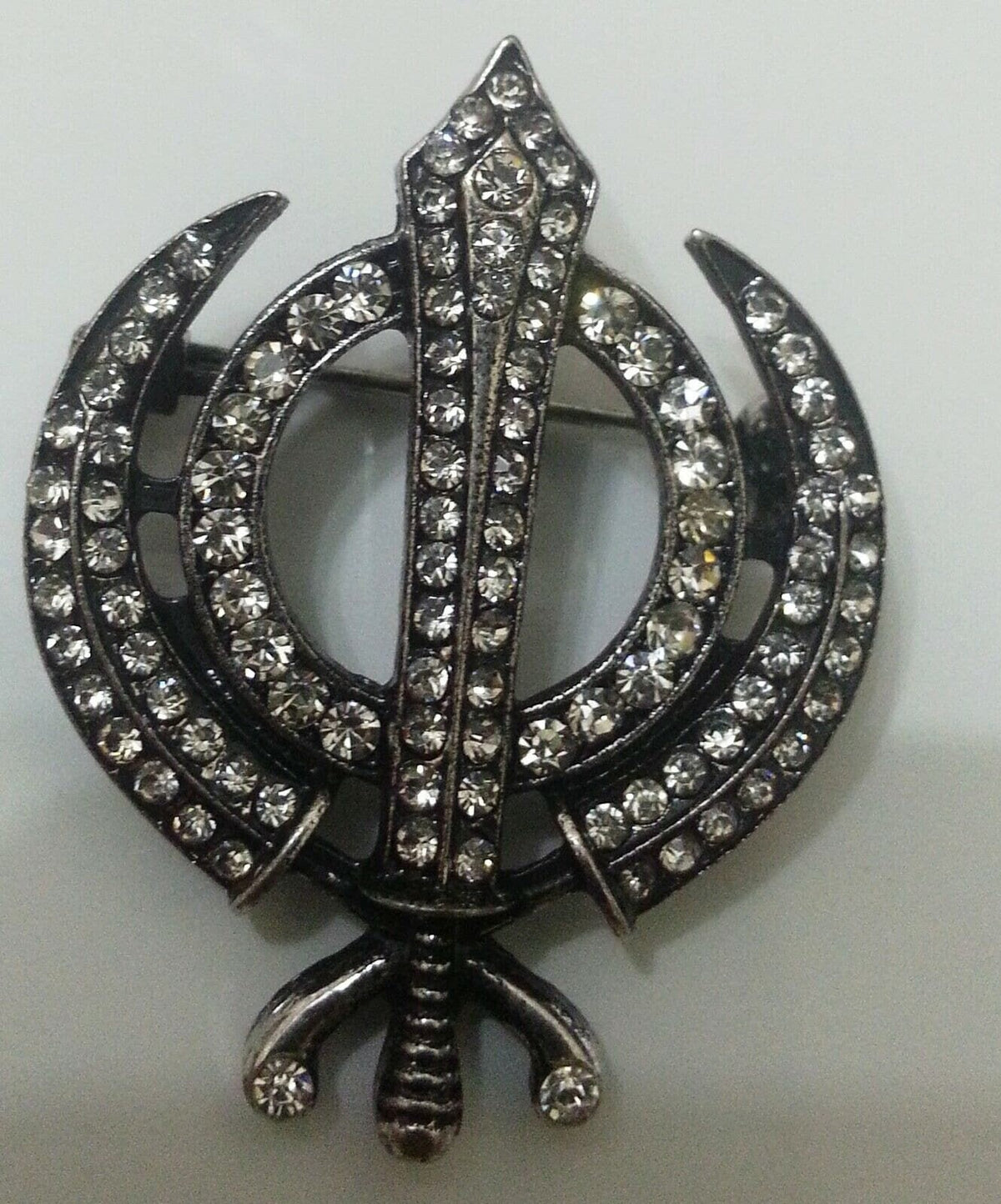 Silver Plated Khanda Brooch Rhinestones Vintage Look Sikh Pin Singh Gift Broach