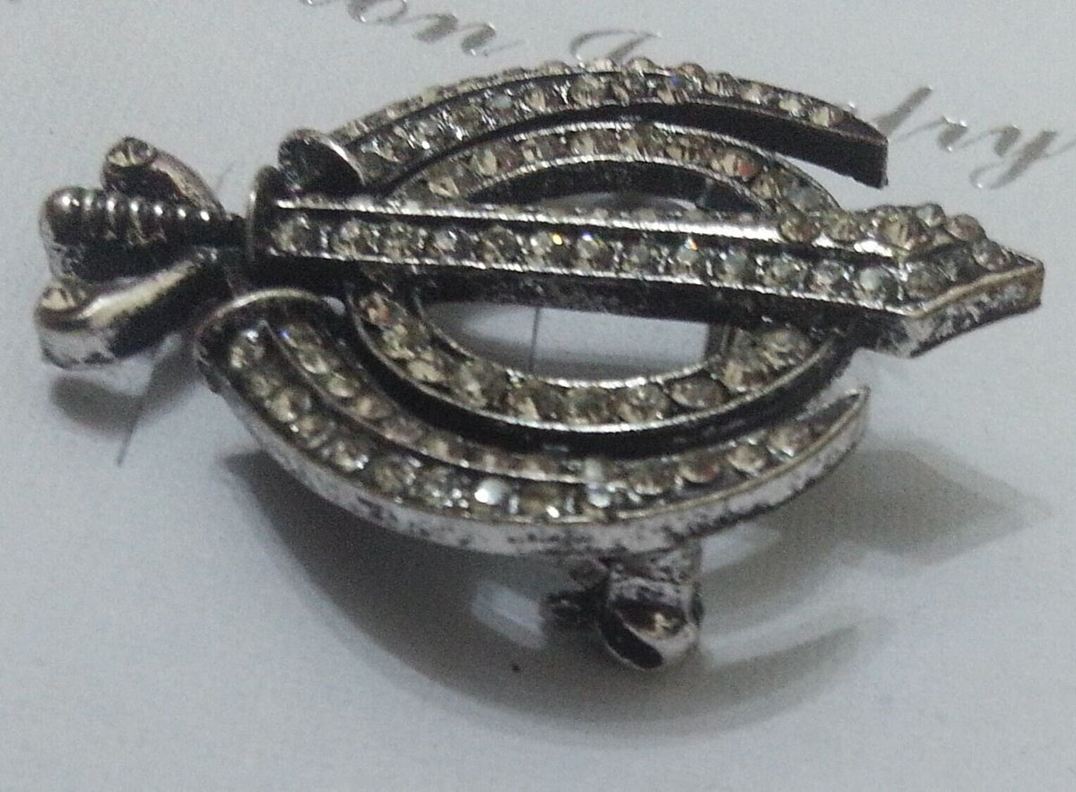Silver Plated Khanda Brooch Rhinestones Vintage Look Sikh Pin Singh Gift Broach