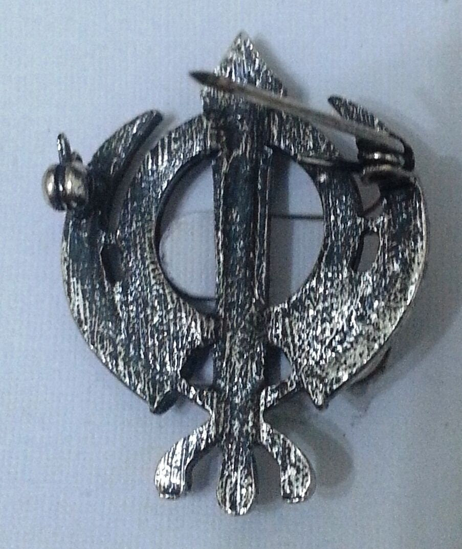 Silver Plated Khanda Brooch Rhinestones Vintage Look Sikh Pin Singh Gift Broach
