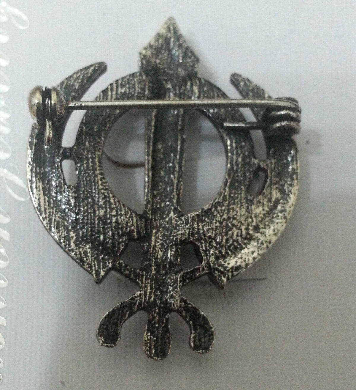 Silver Plated Khanda Brooch Rhinestones Vintage Look Sikh Pin Singh Gift Broach