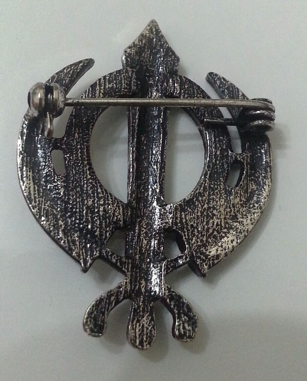 Silver Plated Khanda Brooch Rhinestones Vintage Look Sikh Pin Singh Gift Broach