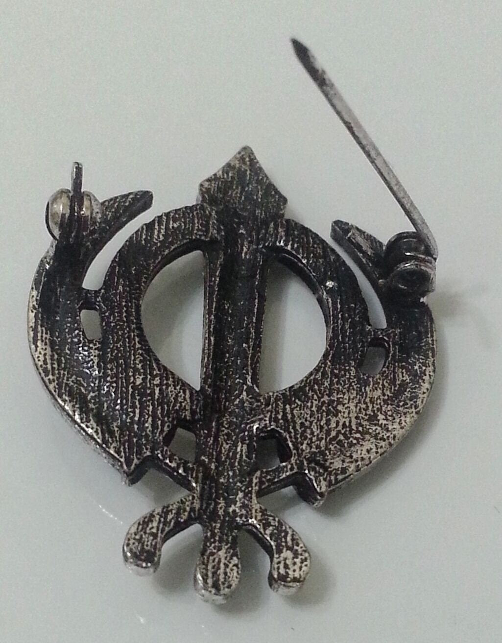 Silver Plated Khanda Brooch Rhinestones Vintage Look Sikh Pin Singh Gift Broach