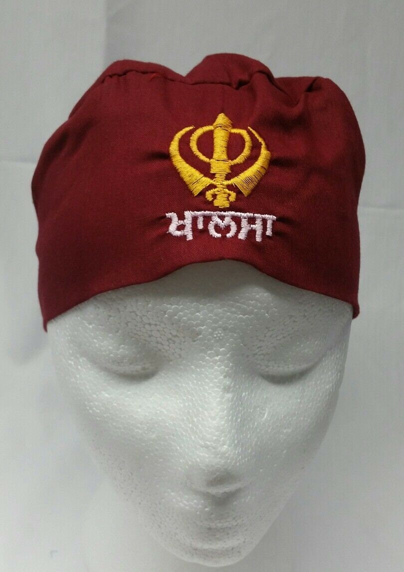Sikh Patka Maroon Khanda Embroidered Cotton Head Wrap Unisex Punjabi Turban New