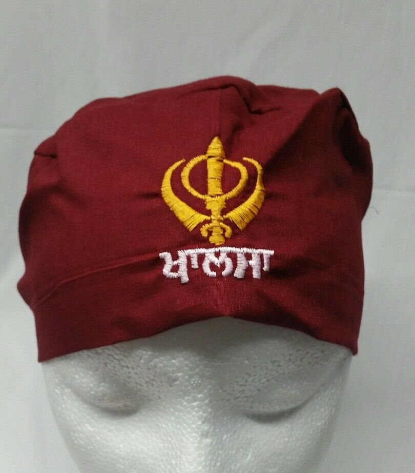 Sikh Patka Maroon Khanda Embroidered Cotton Head Wrap Unisex Punjabi Turban New