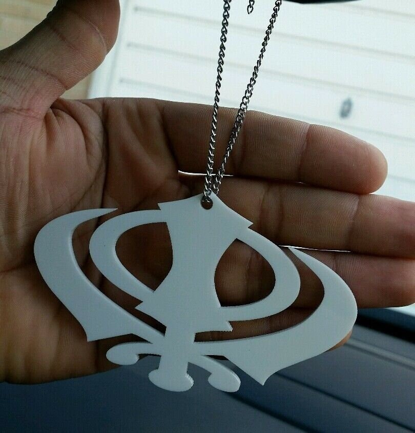 Wide White acrylic Khanda Car rear Mirror Hanger punjabi sikh pendant chain SS9G