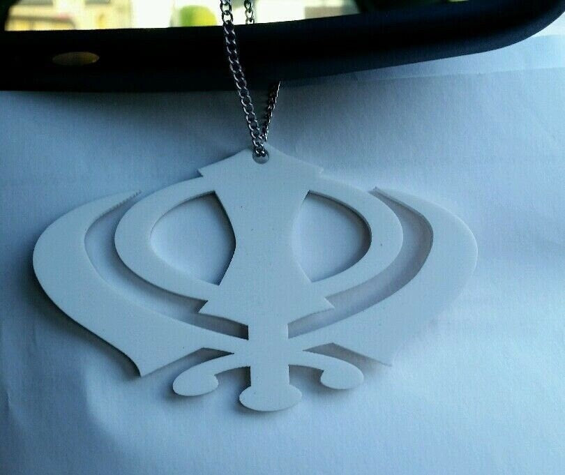 Wide White acrylic Khanda Car rear Mirror Hanger punjabi sikh pendant chain SS9G