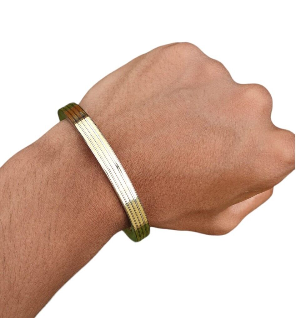 Stainless Steel Flat Kara with Smooth Brass Lines Sikh Kada Singh Kaur Bangle N11R