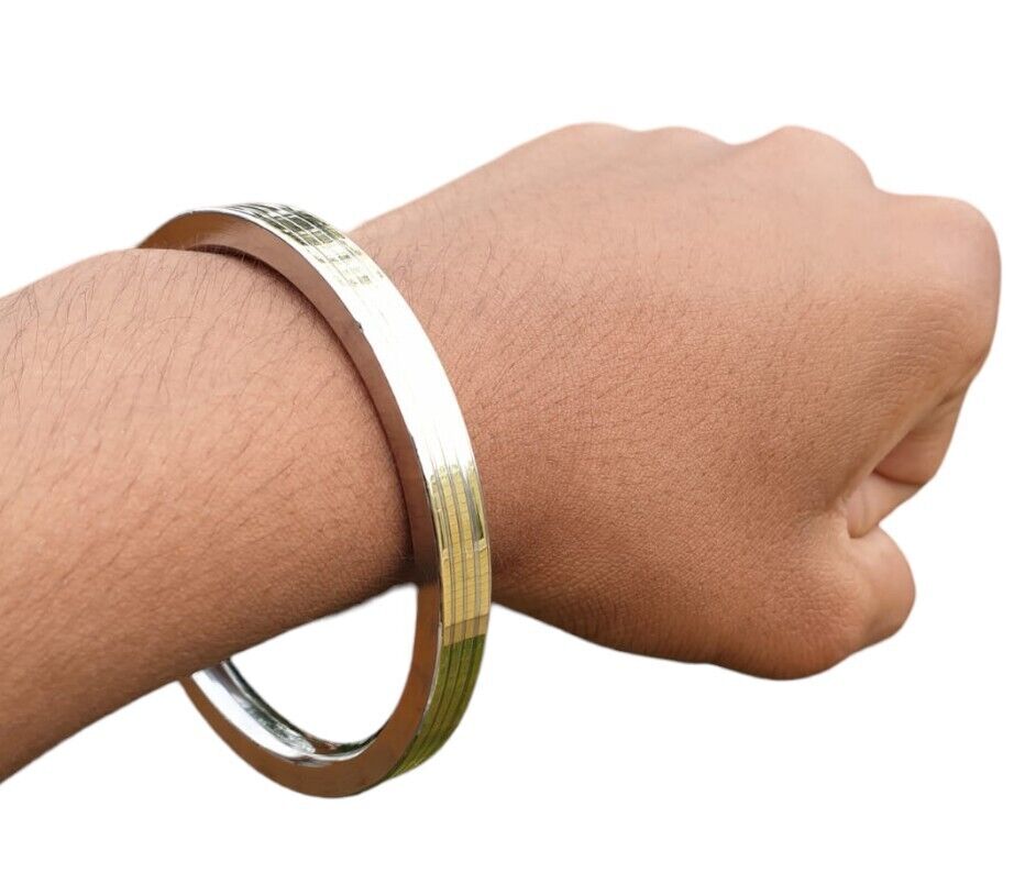 Stainless Steel Flat Kara with Smooth Brass Lines Sikh Kada Singh Kaur Bangle N11R