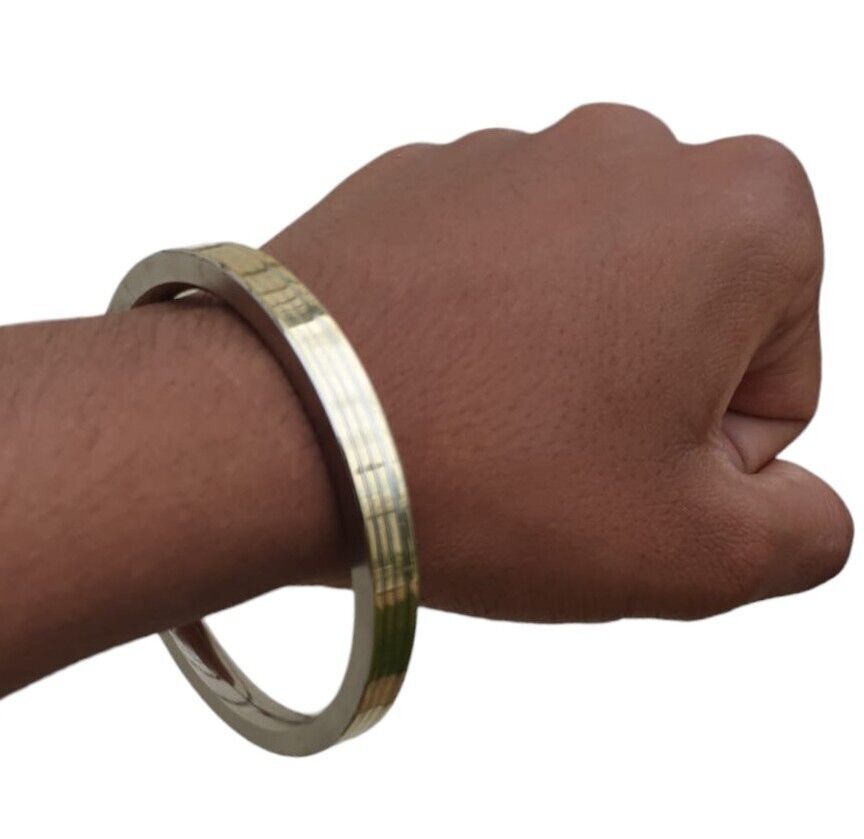 Stainless Steel Flat Kara with Smooth Brass Lines Sikh Kada Singh Kaur Bangle N11R