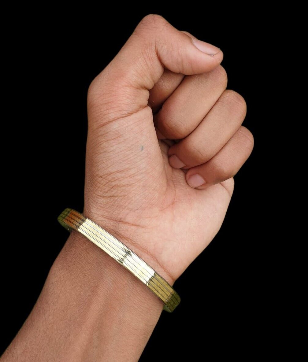 Stainless Steel Flat Kara with Smooth Brass Lines Sikh Kada Singh Kaur Bangle N11R