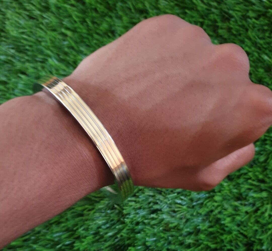 Stainless Steel Flat Kara with Smooth Brass Lines Sikh Kada Singh Kaur Bangle N11R