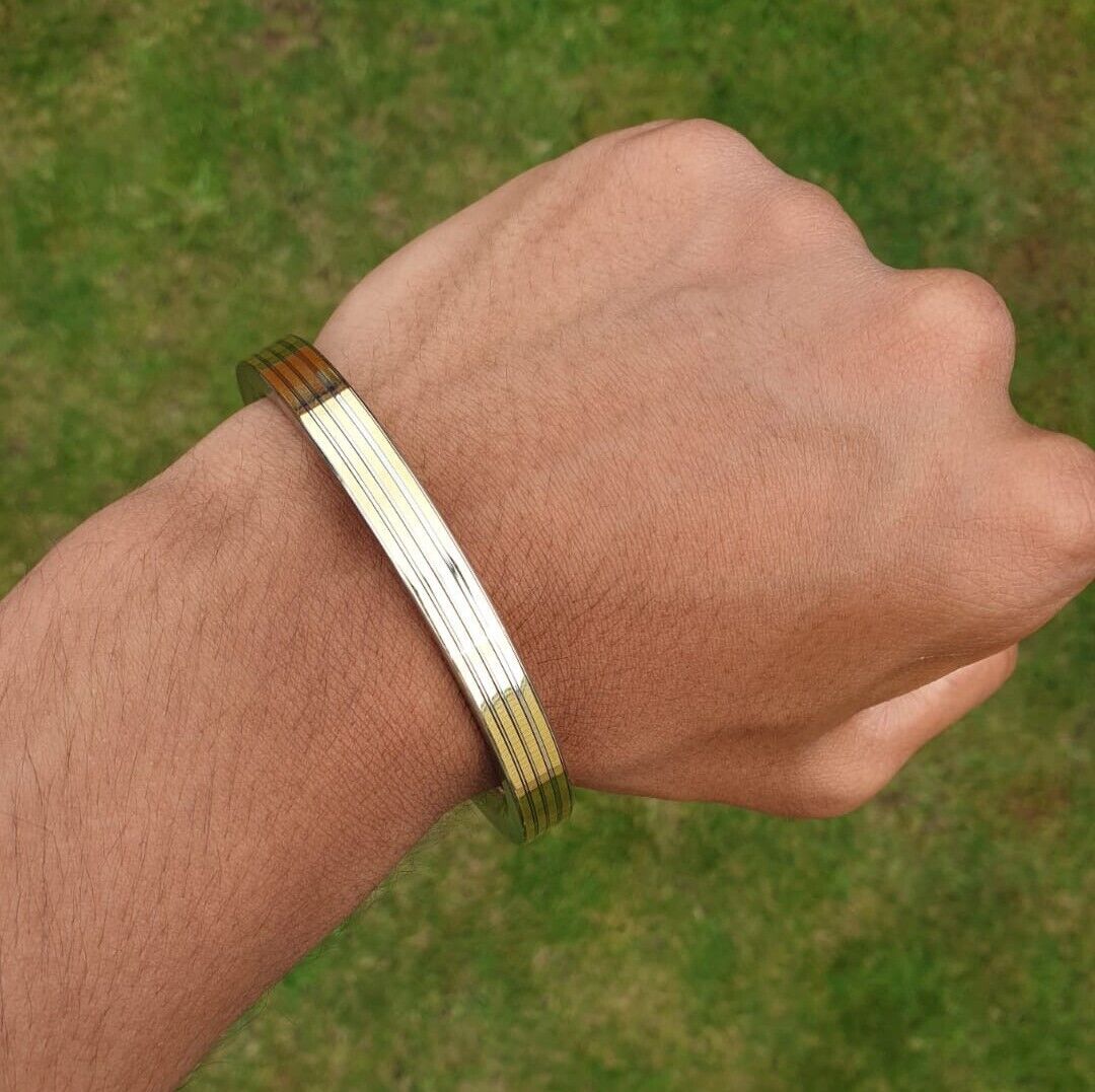 Stainless Steel Flat Kara with Smooth Brass Lines Sikh Kada Singh Kaur Bangle N11R